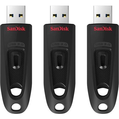 QUMOX SanDisk 64 Go Ultra Clé USB 3.0 jusquà 130 Mo/s paquet de trois Noir Noir - Publicité QUMOX SanDisk 64 Go Ultra Clé USB 3.0 jusquà 130 Mo/s paquet de trois Noir Noir - Publicité
