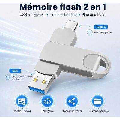 SANS MARQUE Clé USB 2 en 1 512 Go USB-A et Type-C Double Connecteur Mémoire Flash externe OTG pour PC Smartphone et tablette - Publicité SANS MARQUE Clé USB 2 en 1 512 Go USB-A et Type-C Double Connecteur Mémoire Flash externe OTG pour PC Smartphone et tablette - Publicité
