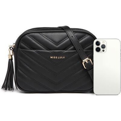 Sac à main - MISS LULU - Forme en V - Texture tressée - Cuir synthétique - Bandoulière réglable Noir - Publicité Sac à main - MISS LULU - Forme en V - Texture tressée - Cuir synthétique - Bandoulière réglable Noir - Publicité