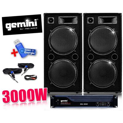 Pack DJ sono AMPLI GEMINI Enceintes 2x 1000W+clé USB 32Go Blanc - Publicité Pack DJ sono AMPLI GEMINI Enceintes 2x 1000W+clé USB 32Go Blanc - Publicité