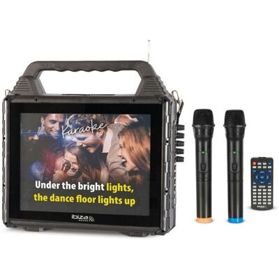 Pack Karaoké Ibiza Sound KARAVISION - Enceinte 150W Karaoke sans Fil Nomade avec écran 2 Micros VHF - Bluetooth USB SD RADIO FM - Publicité Pack Karaoké Ibiza Sound KARAVISION - Enceinte 150W Karaoke sans Fil Nomade avec écran 2 Micros VHF - Bluetooth USB SD RADIO FM - Publicité