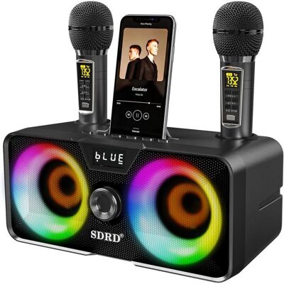 LSMOEO Système de karaoké portable 20W Bluetooth avec 2 micros sans fil - Tout-en-un lumières LED - Publicité LSMOEO Système de karaoké portable 20W Bluetooth avec 2 micros sans fil - Tout-en-un lumières LED - Publicité