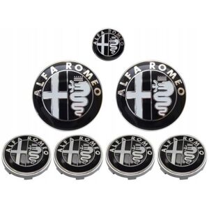 KIT 7 Insigne Logo Emblème Alfa Romeo Noir Capot 74mm + Coffre 74mm +Volant 40mm + 4 x Caches Moyeux 60mm Noir - Publicité KIT 7 Insigne Logo Emblème Alfa Romeo Noir Capot 74mm + Coffre 74mm +Volant 40mm + 4 x Caches Moyeux 60mm Noir - Publicité