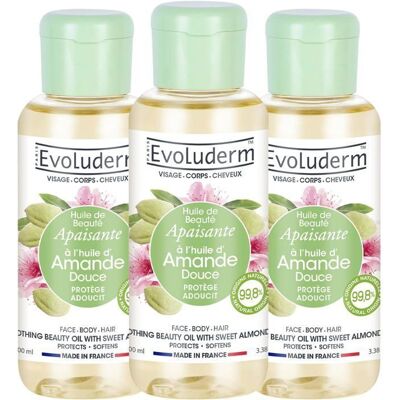 EVOLUDERM - Huile de Beauté à lHuile dAmande Douce - 100 ml - 998% d’Origine Naturelle - Lot de 3 x 100 ml - Publicité EVOLUDERM - Huile de Beauté à lHuile dAmande Douce - 100 ml - 998% d’Origine Naturelle - Lot de 3 x 100 ml - Publicité