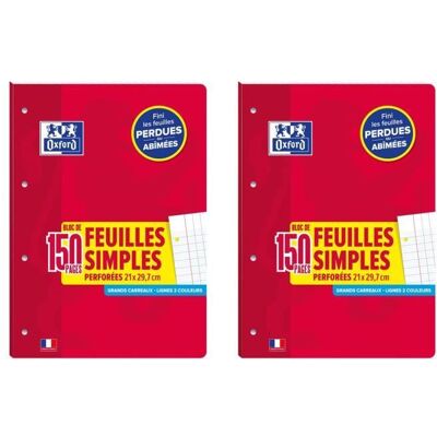 OXFORD Lot de 2 Blocs de Feuilles Simples détachable perforés A4 Grand carreaux 90g 150 pages Blanc - Publicité OXFORD Lot de 2 Blocs de Feuilles Simples détachable perforés A4 Grand carreaux 90g 150 pages Blanc - Publicité