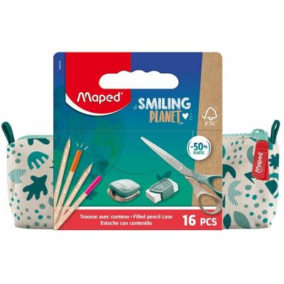 Trousse Scolaire en Tissu Smiling Planet - Maped - Avec 12 Crayons de couleur FSC + 1 Ciseaux 16cm + 1 Taille-Crayons + 1 Gomme - Publicité Trousse Scolaire en Tissu Smiling Planet - Maped - Avec 12 Crayons de couleur FSC + 1 Ciseaux 16cm + 1 Taille-Crayons + 1 Gomme - Publicité