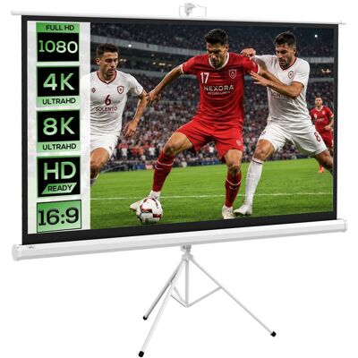 Écran de projection - HOMCOM - 84 pouces 4K HD 16:9 - trépied - hauteur réglable - plastique et métal - 200x8x118cm - blanc Blanc - Publicité Écran de projection - HOMCOM - 84 pouces 4K HD 16:9 - trépied - hauteur réglable - plastique et métal - 200x8x118cm - blanc Blanc - Publicité