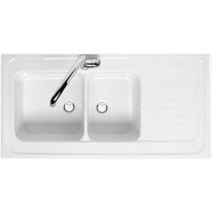 Evier céramique blanc EWI IRÈNE à poser 2 bacs 1 égouttoir Blanc - Publicité Evier céramique blanc EWI IRÈNE à poser 2 bacs 1 égouttoir Blanc - Publicité