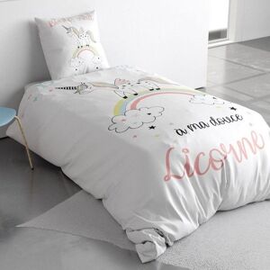 ALPES BLANC - Housse de couette Majesty motifs licorne et arc-en-ciel 140x200 cm + taie 100% coton Blanc - Publicité ALPES BLANC - Housse de couette Majesty motifs licorne et arc-en-ciel 140x200 cm + taie 100% coton Blanc - Publicité