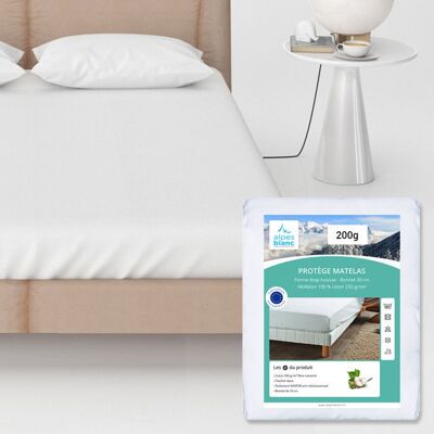 ALPES BLANC - Protège matelas 100 % coton 200 g/m² 90x190 cm - Molleton doux forme drap housse bonnet 30 cm résistant au lavage Blanc - Publicité ALPES BLANC - Protège matelas 100 % coton 200 g/m² 90x190 cm - Molleton doux forme drap housse bonnet 30 cm résistant au lavage Blanc - Publicité