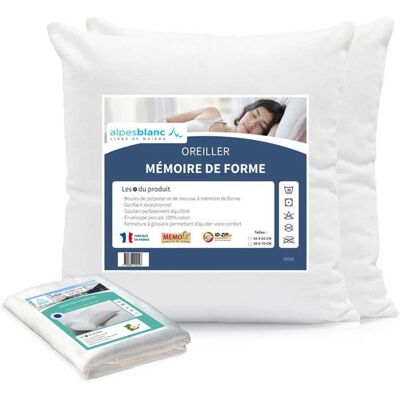 ALPES BLANC - Pack 4 pièces : lot de 2 oreillers mémoire de forme + 2 sous-taies en coton 50x70 cm – Fabriqués en France Blanc - Publicité ALPES BLANC - Pack 4 pièces : lot de 2 oreillers mémoire de forme + 2 sous-taies en coton 50x70 cm – Fabriqués en France Blanc - Publicité