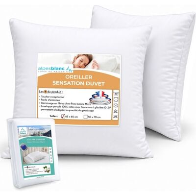 ALPES BLANC - Pack 4 pièces : 2 oreillers Sensation Duvet + 2 sous-taies coton 65x65 cm – Fabrication française – Confort et douceur Blanc - Publicité ALPES BLANC - Pack 4 pièces : 2 oreillers Sensation Duvet + 2 sous-taies coton 65x65 cm – Fabrication française – Confort et douceur Blanc - Publicité