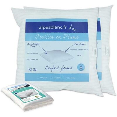 ALPES BLANC - Pack 4 pièces : 2 Oreillers en Plume + 2 sous taies Coton 60x60 cm - Fabrication Française – Confort moelleux Blanc - Publicité ALPES BLANC - Pack 4 pièces : 2 Oreillers en Plume + 2 sous taies Coton 60x60 cm - Fabrication Française – Confort moelleux Blanc - Publicité