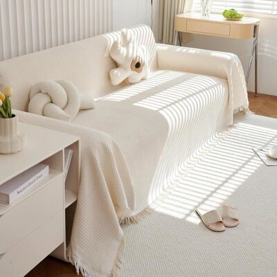 BGHYHYHI Grand plaid gaufré blanc crème avec franges délicates lavable 180x230 cm protège-canapé Label Blanc - Publicité BGHYHYHI Grand plaid gaufré blanc crème avec franges délicates lavable 180x230 cm protège-canapé Label Blanc - Publicité