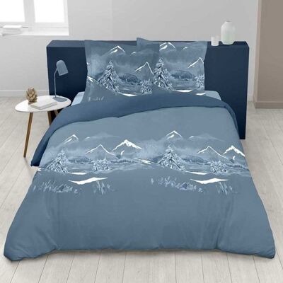 ALPES BLANC - Parure de lit Nuit des Alpes - Motif montagne bleu et blanc 100 % coton taie(s) drap housse et drap plat 160x200 cm Blanc - Publicité ALPES BLANC - Parure de lit Nuit des Alpes - Motif montagne bleu et blanc 100 % coton taie(s) drap housse et drap plat 160x200 cm Blanc - Publicité