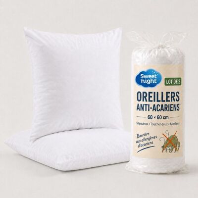 SWEET NIGHT Lot de 2 Oreillers 60x60 cm - Anti Acariens - Anti Bactériens - Confort Moelleux - Oeko-Tex - Pack Blanc - Publicité SWEET NIGHT Lot de 2 Oreillers 60x60 cm - Anti Acariens - Anti Bactériens - Confort Moelleux - Oeko-Tex - Pack Blanc - Publicité