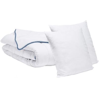 Pack 2 personnes Couette Tempérée 240x260cm + 2 Oreillers 60x60cm Toutes Saisons - Fabriqué en France - BLEU CALIN Blanc - Publicité Pack 2 personnes Couette Tempérée 240x260cm + 2 Oreillers 60x60cm Toutes Saisons - Fabriqué en France - BLEU CALIN Blanc - Publicité