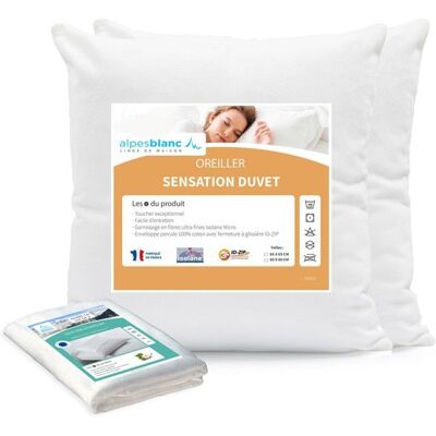 ALPES BLANC Pack 2 Oreillers 65x65cm Sensation Duvet - Blanc - Fibres ultra fines Isolane Micro - Confort moelleux Blanc - Publicité ALPES BLANC Pack 2 Oreillers 65x65cm Sensation Duvet - Blanc - Fibres ultra fines Isolane Micro - Confort moelleux Blanc - Publicité