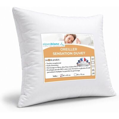 ALPES BLANC - Oreiller sensation duvet 65x65 cm - Fabrication française garnissage fibres ultra-fines Isolane Micro et moelleux Blanc - Publicité ALPES BLANC - Oreiller sensation duvet 65x65 cm - Fabrication française garnissage fibres ultra-fines Isolane Micro et moelleux Blanc - Publicité