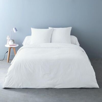 ALPES BLANC - Housse de Couette Unie rayée Blanc Pur Satin de Coton 78 fils 260x240 cm + 2 taies 65x65 – Finition Boutons Blanc - Publicité ALPES BLANC - Housse de Couette Unie rayée Blanc Pur Satin de Coton 78 fils 260x240 cm + 2 taies 65x65 – Finition Boutons Blanc - Publicité