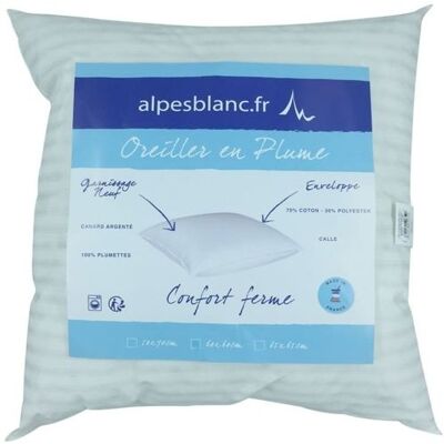 ALPES BLANC - Oreiller en plumes 65x65 cm – Enveloppe antiacariens – Fabriqué en France – Moelleux et gonflant - Publicité ALPES BLANC - Oreiller en plumes 65x65 cm – Enveloppe antiacariens – Fabriqué en France – Moelleux et gonflant - Publicité