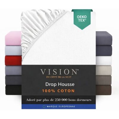 Vision - Drap housse 180x200 cm - 100% Coton - Blanc - Bonnet de 30cm - Doux et agréable - Oekotex Blanc - Publicité Vision - Drap housse 180x200 cm - 100% Coton - Blanc - Bonnet de 30cm - Doux et agréable - Oekotex Blanc - Publicité