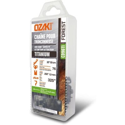 Chaîne de tronçonneuse OZAKI Titanium sous coque semi carrée : .325 .058 (15 mm) 76 entraîneurs ( E76 ) Gris - Publicité Chaîne de tronçonneuse OZAKI Titanium sous coque semi carrée : .325 .058 (15 mm) 76 entraîneurs ( E76 ) Gris - Publicité