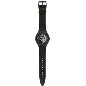 Montre - SWATCH - White Side - Bracelet cuir/tissu - Noir mat - Squelette Swiss Made Noir - Publicité Montre - SWATCH - White Side - Bracelet cuir/tissu - Noir mat - Squelette Swiss Made Noir - Publicité