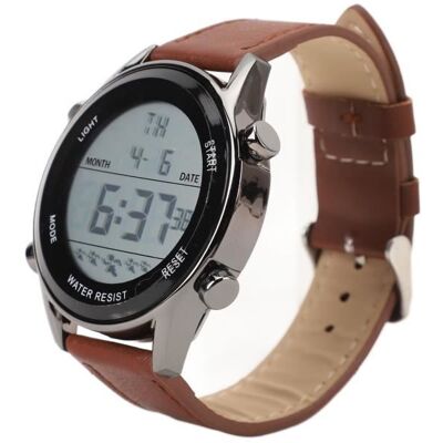 Montre de sport numérique - SALALIS - Modèle S0018 - Cuir PU - Étanche 50m - Chronomètre double Marron - Publicité Montre de sport numérique - SALALIS - Modèle S0018 - Cuir PU - Étanche 50m - Chronomètre double Marron - Publicité
