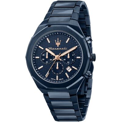 Montre - MASERATI - Stile Chronographe - 45mm - Étanchéité 10ATM - Cadran Bleu Bleu - Publicité Montre - MASERATI - Stile Chronographe - 45mm - Étanchéité 10ATM - Cadran Bleu Bleu - Publicité