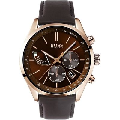 Montre - BOSS - Grand Prix Chronograph - Quartz - Cuir - Doré Marron - Publicité Montre - BOSS - Grand Prix Chronograph - Quartz - Cuir - Doré Marron - Publicité