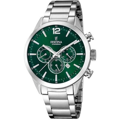 Montre - FESTINA - F20343/B - Chronographe - Étanche 50m - Fond Vert avec dateur Vert - Publicité Montre - FESTINA - F20343/B - Chronographe - Étanche 50m - Fond Vert avec dateur Vert - Publicité