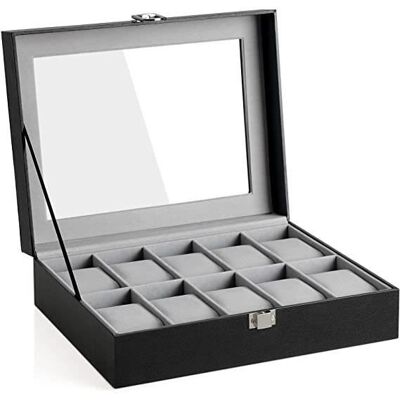 SONGMICS JWB010BK Boîte à Montres avec Couvercle en Verre et Coussin Amovible en Velours avec Fermeture en métal Noir - Publicité SONGMICS JWB010BK Boîte à Montres avec Couvercle en Verre et Coussin Amovible en Velours avec Fermeture en métal Noir - Publicité