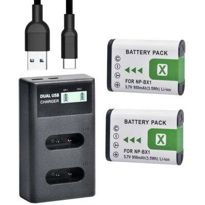 QUMOX 2pcs 950mAh NP-BX1 et LCD Chargeur Double Type C pour Sony NP-BX1/M8 Cyber-Shot DSC-HX80 HX90V HX95 HX99 HX350 RX1 etc. Noir - Publicité QUMOX 2pcs 950mAh NP-BX1 et LCD Chargeur Double Type C pour Sony NP-BX1/M8 Cyber-Shot DSC-HX80 HX90V HX95 HX99 HX350 RX1 etc. Noir - Publicité