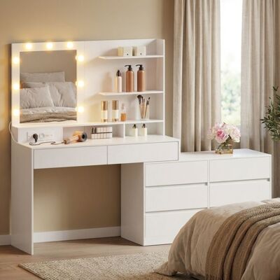 VASAGLE Coiffeuse en Ligne ou en L Miroir LED 9 Ampoules avec Multiprise 8 Tiroirs Blanc Blanc - Publicité VASAGLE Coiffeuse en Ligne ou en L Miroir LED 9 Ampoules avec Multiprise 8 Tiroirs Blanc Blanc - Publicité