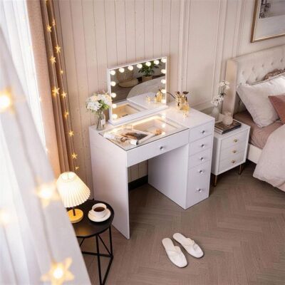 FENCHILIN Coiffeuse avec Miroir LED 6 Tiroirs Blanc 92 x 55 x 127 cm Blanc - Publicité FENCHILIN Coiffeuse avec Miroir LED 6 Tiroirs Blanc 92 x 55 x 127 cm Blanc - Publicité