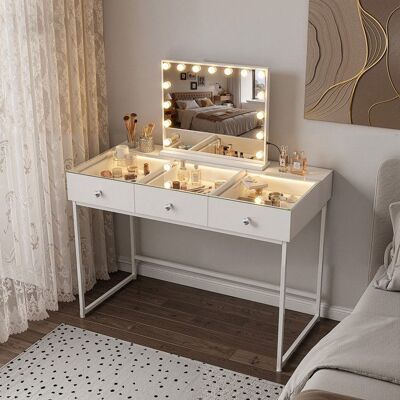 FENCHILIN Coiffeuse avec Miroir LED 3 Tiroirs Blanc 130 x 55 x 127 cm Blanc - Publicité FENCHILIN Coiffeuse avec Miroir LED 3 Tiroirs Blanc 130 x 55 x 127 cm Blanc - Publicité
