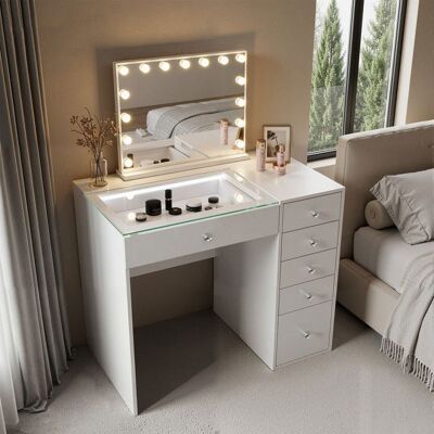 FENCHILIN Coiffeuse avec Miroir LED Bluetooth 6 Tiroirs Blanc 92 x 55 x 127 cm Blanc - Publicité FENCHILIN Coiffeuse avec Miroir LED Bluetooth 6 Tiroirs Blanc 92 x 55 x 127 cm Blanc - Publicité