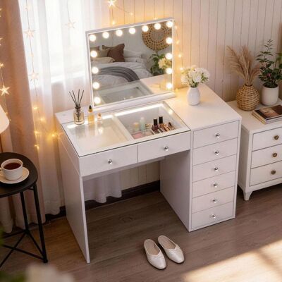 FENCHILIN Coiffeuse avec Miroir LED Bluetooth 8 Tiroirs Blanc 120 x 55 x 127 cm Blanc - Publicité FENCHILIN Coiffeuse avec Miroir LED Bluetooth 8 Tiroirs Blanc 120 x 55 x 127 cm Blanc - Publicité