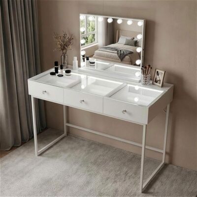 FENCHILIN Coiffeuse avec Miroir LED Bluetooth 3 Tiroirs Blanc 130 x 55 x 127 cm Blanc - Publicité FENCHILIN Coiffeuse avec Miroir LED Bluetooth 3 Tiroirs Blanc 130 x 55 x 127 cm Blanc - Publicité