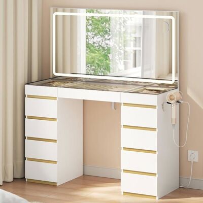 Coiffeuse avec Miroir LED - WOLTU - Plateau transparent - Grand miroir - Station de Charge - Blanc+Doré Blanc - Publicité Coiffeuse avec Miroir LED - WOLTU - Plateau transparent - Grand miroir - Station de Charge - Blanc+Doré Blanc - Publicité