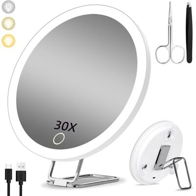 Miroir grossissant avec lumière 30X 15cm 3 Modes de Couleur Dimming avec 3 Ventouses et Support de Table 360° Blanc Blanc - Publicité Miroir grossissant avec lumière 30X 15cm 3 Modes de Couleur Dimming avec 3 Ventouses et Support de Table 360° Blanc Blanc - Publicité
