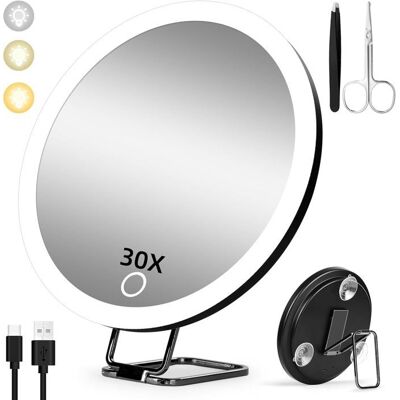 Miroir grossissant - Noir - 30X - 3 modes déclairage - Ventouses - Support 360° Noir - Publicité Miroir grossissant - Noir - 30X - 3 modes déclairage - Ventouses - Support 360° Noir - Publicité