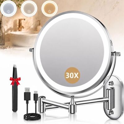 ELYSVE Miroir Grossissant Mural Rechargeable 30X LED bras extensible rotatif 360° 3 lumières et pinces à épiler pour salle de bain Blanc - Publicité ELYSVE Miroir Grossissant Mural Rechargeable 30X LED bras extensible rotatif 360° 3 lumières et pinces à épiler pour salle de bain Blanc - Publicité