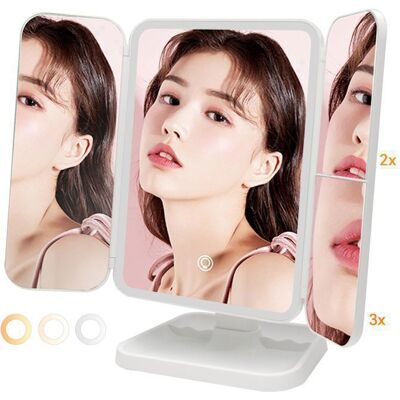 Miroir de Maquillage - Triptyque - 52 LED - Grossissant 2X/3X - Lumière Dimmable 3 Couleurs Blanc - Publicité Miroir de Maquillage - Triptyque - 52 LED - Grossissant 2X/3X - Lumière Dimmable 3 Couleurs Blanc - Publicité