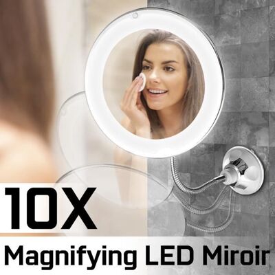 Miroir de maquillage - LED - Grossissant 10X - Col de cygne pivotant 360° - Ventouse super adhésive - Blanc Blanc - Publicité Miroir de maquillage - LED - Grossissant 10X - Col de cygne pivotant 360° - Ventouse super adhésive - Blanc Blanc - Publicité