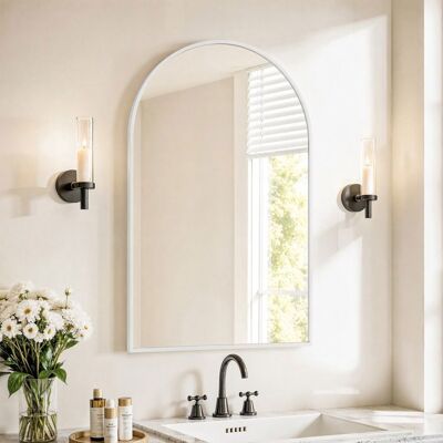 QMTXBYJ Miroir mural arche blanc 91 x 61 cm en verre trempé miroir déco suspendu pour salle de bain entrée salon chambre et dressing Blanc - Publicité QMTXBYJ Miroir mural arche blanc 91 x 61 cm en verre trempé miroir déco suspendu pour salle de bain entrée salon chambre et dressing Blanc - Publicité