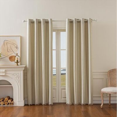 NOBRAND Rideaux en coton-lin rayés de style country américain avec franges nouées à la main semi-occultants 140 x 220 cm Beige - Publicité NOBRAND Rideaux en coton-lin rayés de style country américain avec franges nouées à la main semi-occultants 140 x 220 cm Beige - Publicité