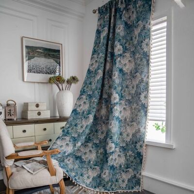 NOBRAND Rideau occultant vintage à imprimé floral et pompons chambre salon porte de maison de campagne bleu 140 x 220 cm Bleu - Publicité NOBRAND Rideau occultant vintage à imprimé floral et pompons chambre salon porte de maison de campagne bleu 140 x 220 cm Bleu - Publicité