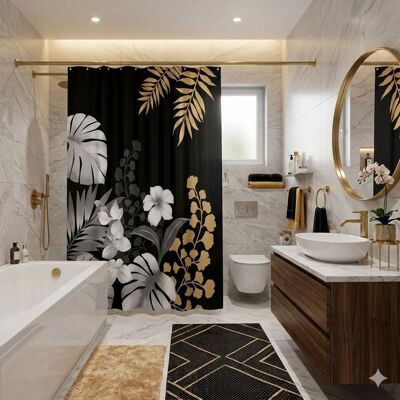 Eden Rideau de douche motif feuillage 180 x 200 cm Noir - Publicité Eden Rideau de douche motif feuillage 180 x 200 cm Noir - Publicité